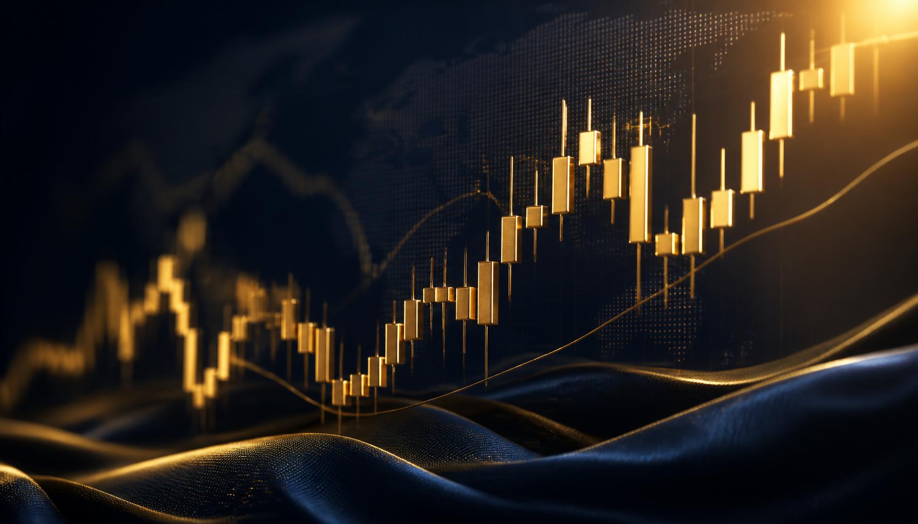 Golden candlestick chart on a dark navy background